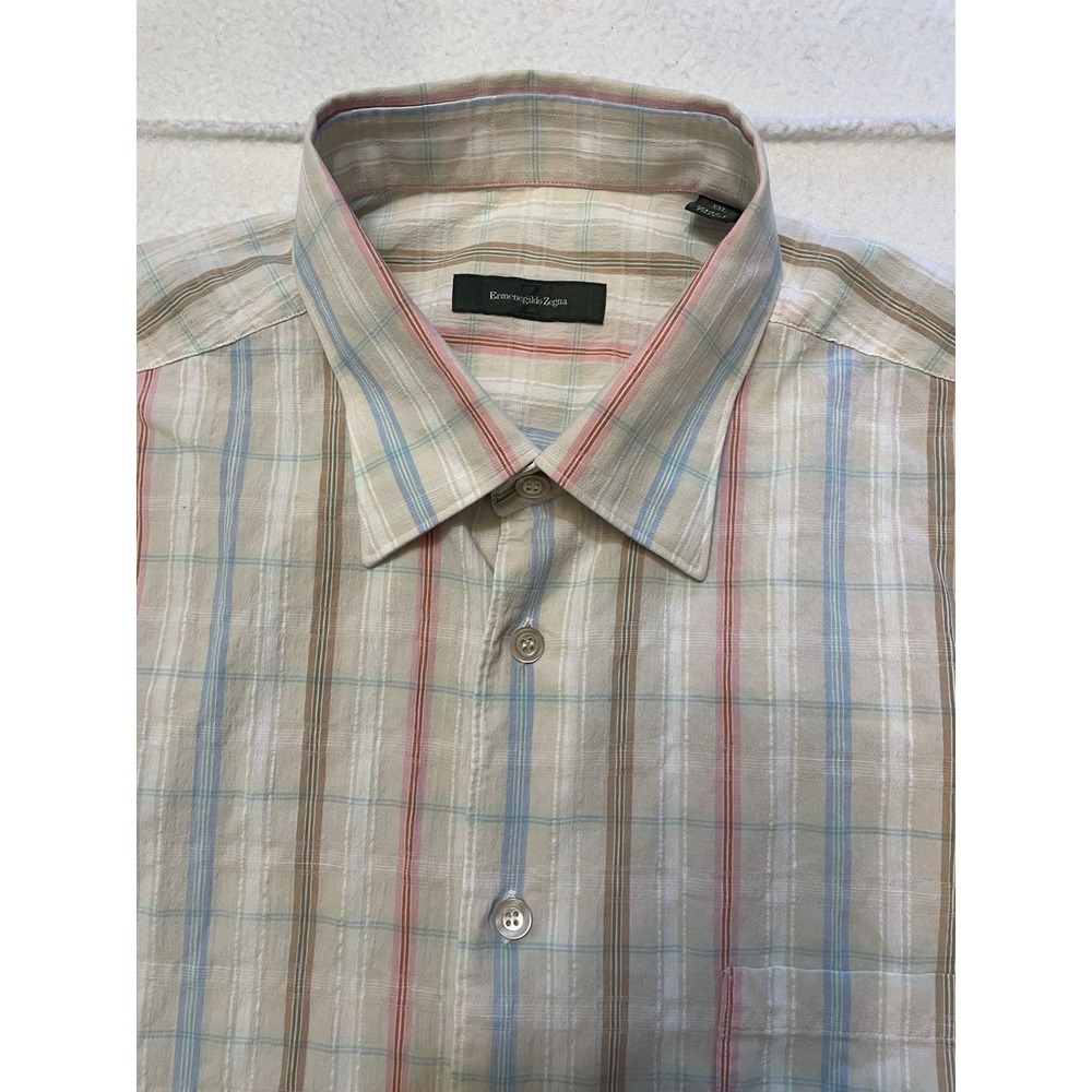 Ermenegildo Zegna Plaid Shirt Mens Size XXL Textured Blue Button Up Cotton